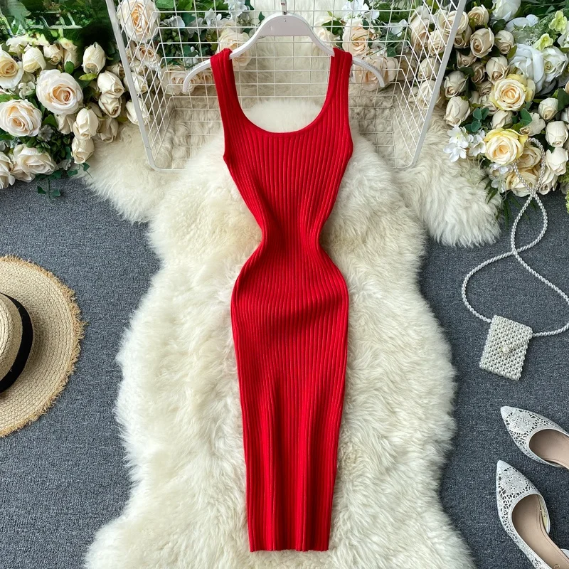 

Ladies Elegant Slim Stretch Waist Bodycon Dresses Knitted Dress Women Fashion Square Collar Sleeveless Tank