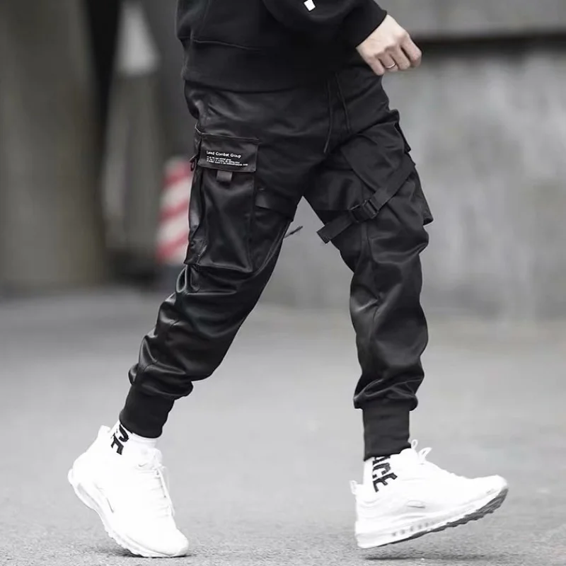 

New Fashionable Darkly Stylish Men's Jogger Trousers Autumn Hip Hop Streetwear Side Pocket Ribbons Thin Sweatpants Pencil Pants