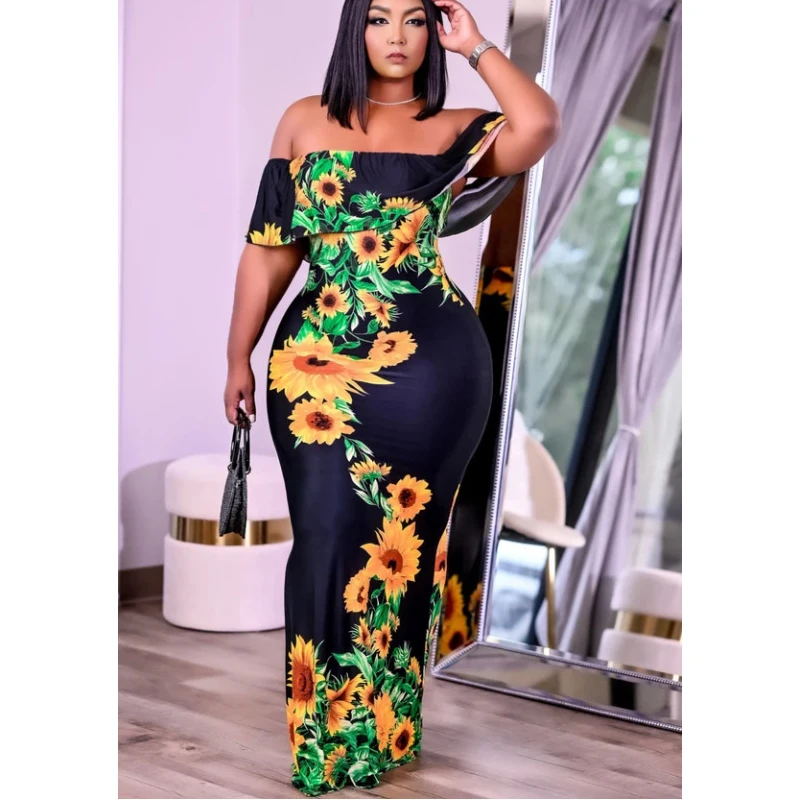 

Cutubly Plus Size Maxi Dresses For Women Black Floral Print Off Shoulder Club Dress Empire Summer Sexy Casual Party Sheath Dress