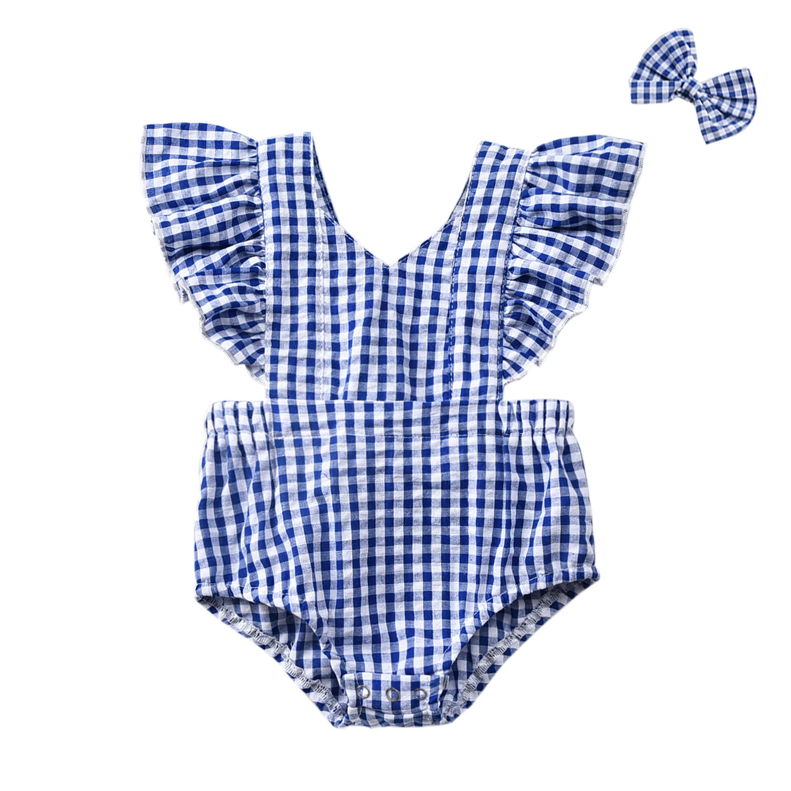 

AA Baby Girls Bodysuit Summer Newborn Bodysuit Ruffle V Neck Jumpsuit Headband Plaid Clothes Infant Girls Clothing