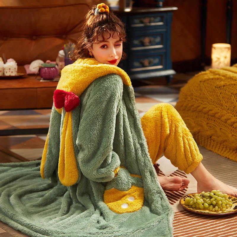 Plus Size XXL Winter Pyjamas Intensification Nighty Women Sleepwear Loose Version Medium Style Hooded Pajamas Plush Pajama set