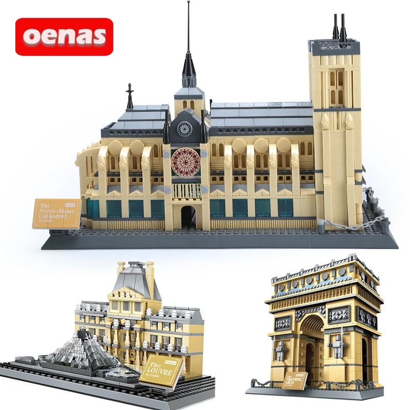 

MOC CIty Creative Architecture Paris Notre-Dame Eiffel Tower Arc de Triomphe Louvre Museum Model Building Block Brick Kids Toy