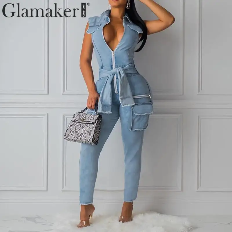 Женский джинсовый комбинезон Glamaker Синий Облегающий длинный на молнии шнуровке