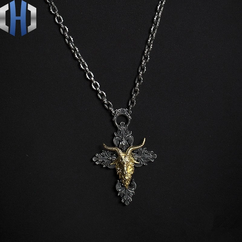 Pendant with chain Дизайн ручной работы Серебряный Темный ангел сатана Рог Ожерелье Подвеска крест кулон - Окраска металла: Pendant with chain