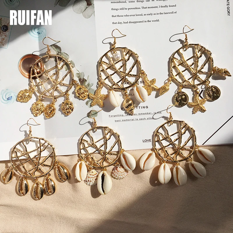 Серьги Ruifan из натуральной морской ракушки 6 стилей для женщин золотые