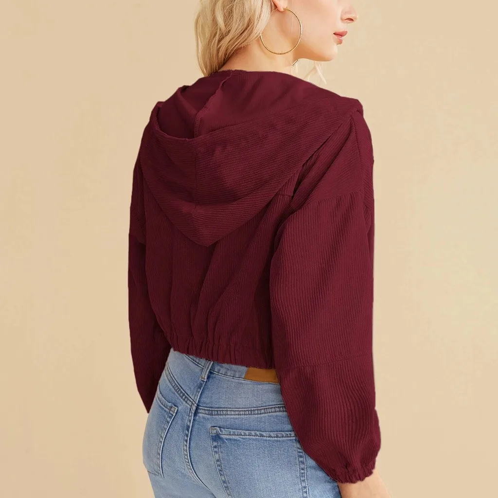 Zip Up Hoodie Women Casual Solid Corduroy Zip-up Pocket Shirt Hooded Sweatshirt Cropped Jacket Sudaderas Women's Sweatshirt