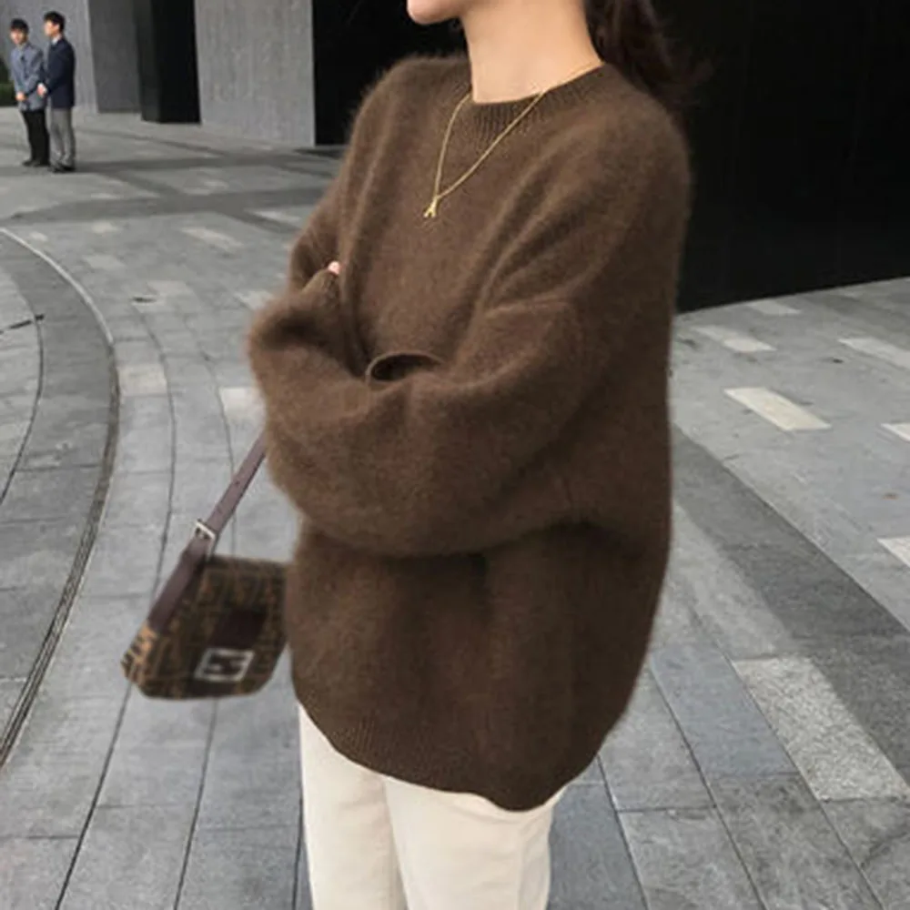 

Пушистый корейский свитер, женские зимние топы с длинным рукавом и круглым вырезом, повседневная женская уличная одежда оверсайз, Модный ко...