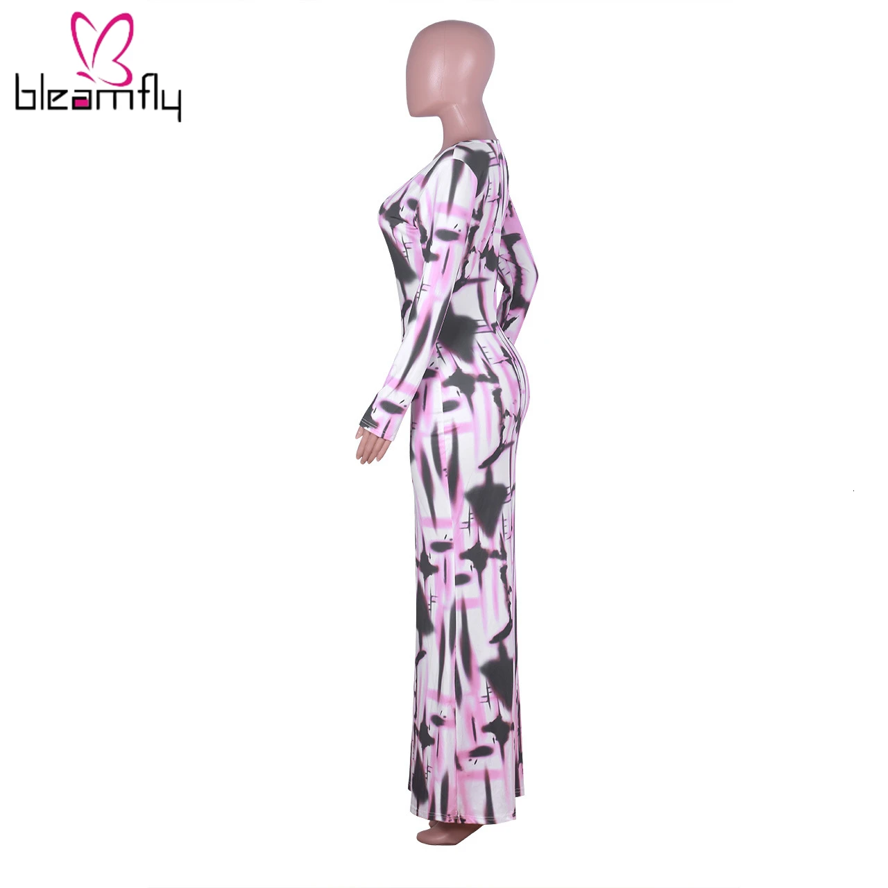 Новинка 2019 женское осеннее платье с высоким разрезом принтом в полоску длинным