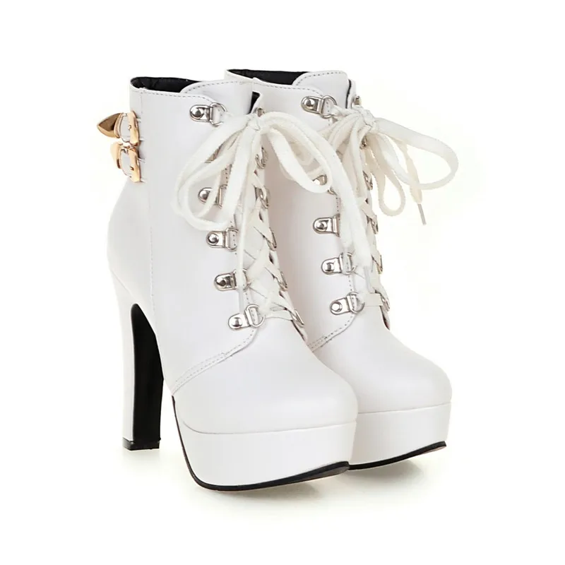 

Autumn Ankle Short Lace Up High Heel Combat Boots White Brown Black Yellow Platform Rock Goth Plus Size Ladies Shoes