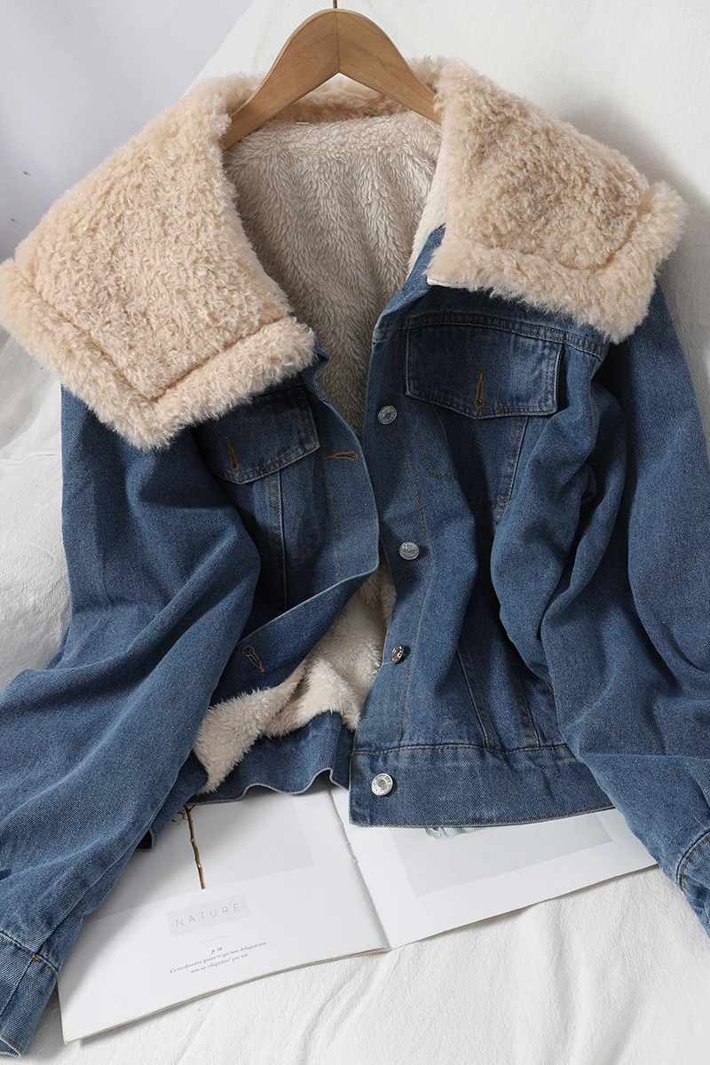 

2021 Korean Version Plus Velvet Thick Contrast Color Plush Denim Jacket Women's Winter New Lapel Jacket All-match Fashion Trend