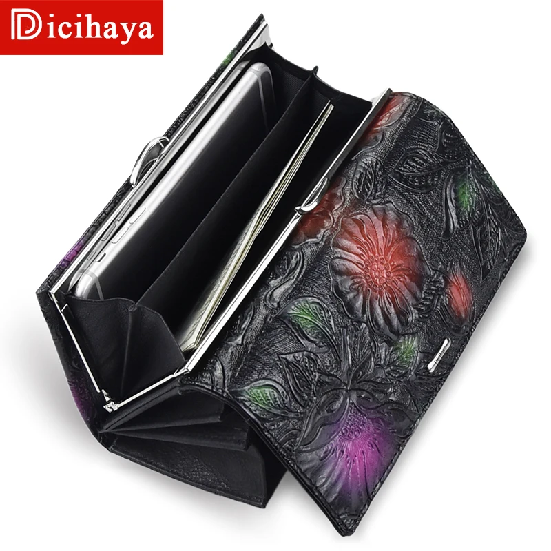 dicihaya new arrive ladies wallets leather women long purse flower embossing female hasp wallet money cards purse phone bag free global shipping