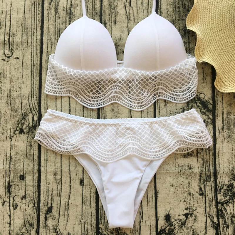 Solid Push Up Bikinis Sexy Lace Patchwork Bikini Set Bathing Suit Low Waist Bandage Swimwear Print Beachwear Female Swimsuit |