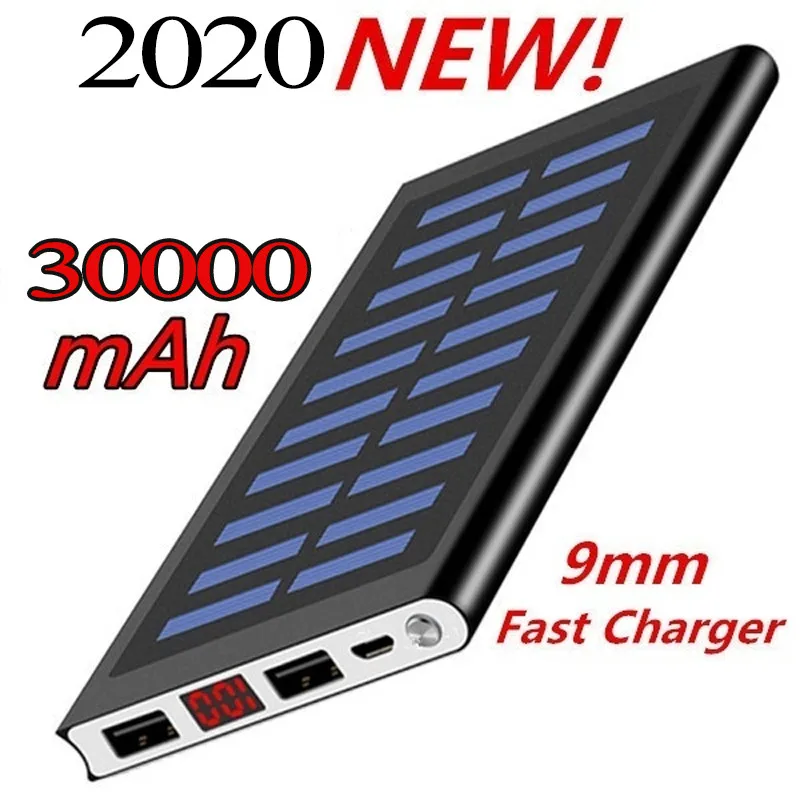 Ультра тонкий 9 мм Солнечный внешний аккумулятор 30000 мАч высокая емкость для всех