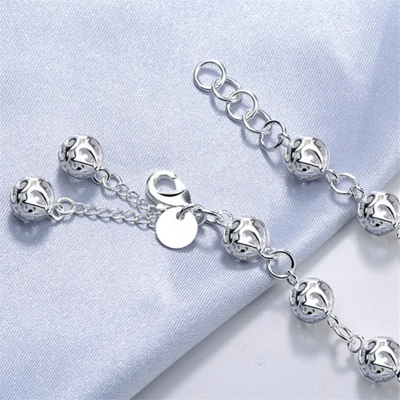 

925 Sterling Silver Hollow Round Bead Charm Bracelet &Bangle For Women Party Jewelry Pulseras Mujer sl290