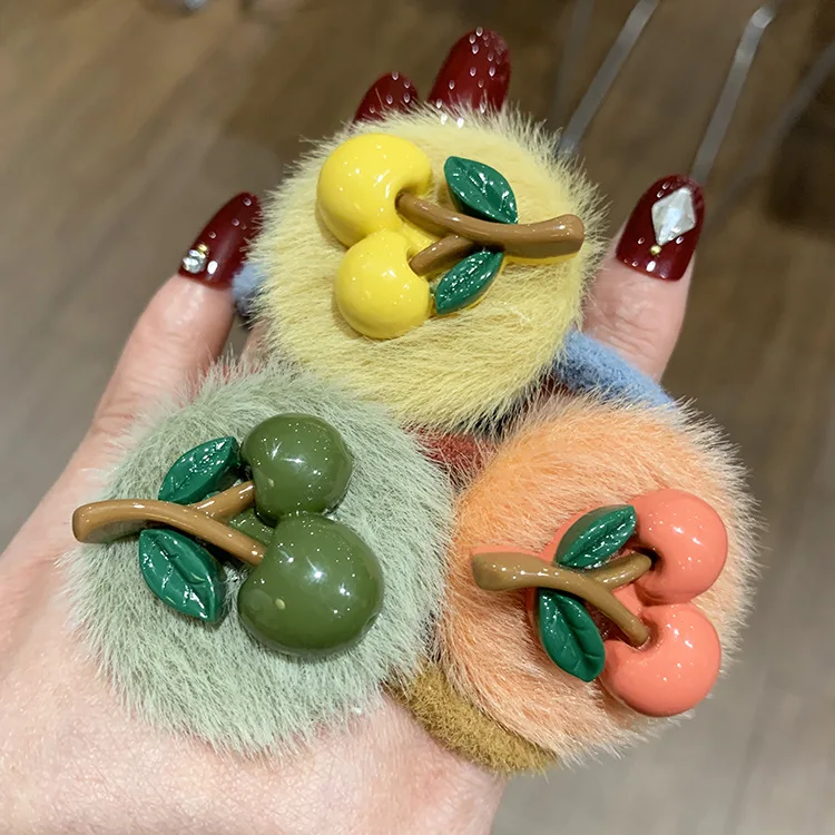 Симпатичная вишневая резинка для волос из искусственного меха мягкая плюшевая