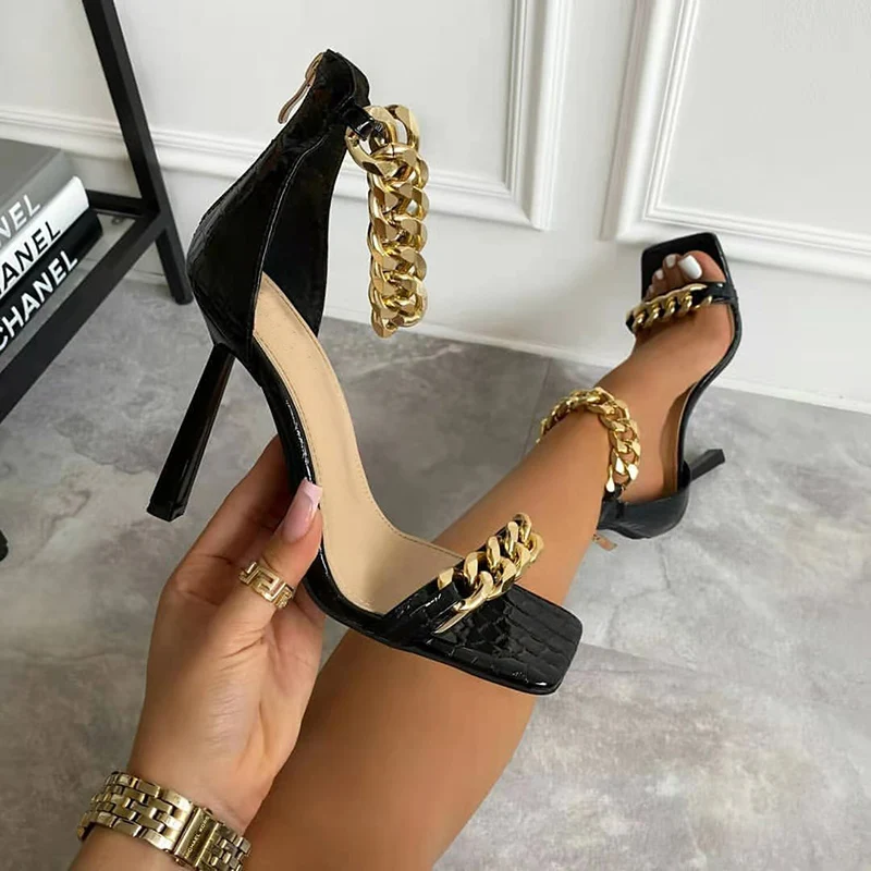 

2022 Women Fetish Stripper 10cm High Heels Sandals Lady Fashion Gladiator Metal Chain Pleaser Heels Sandles Summer Green Shoes