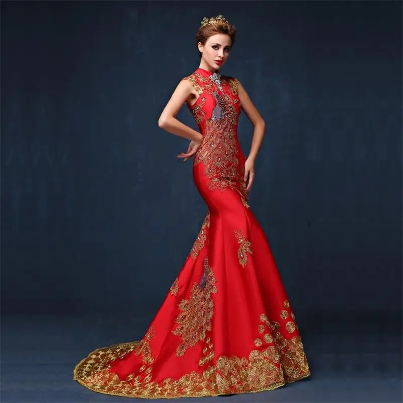 Синий класса люкс с вышивкой в китайском стиле вечернее платье Cheongsam свадебное