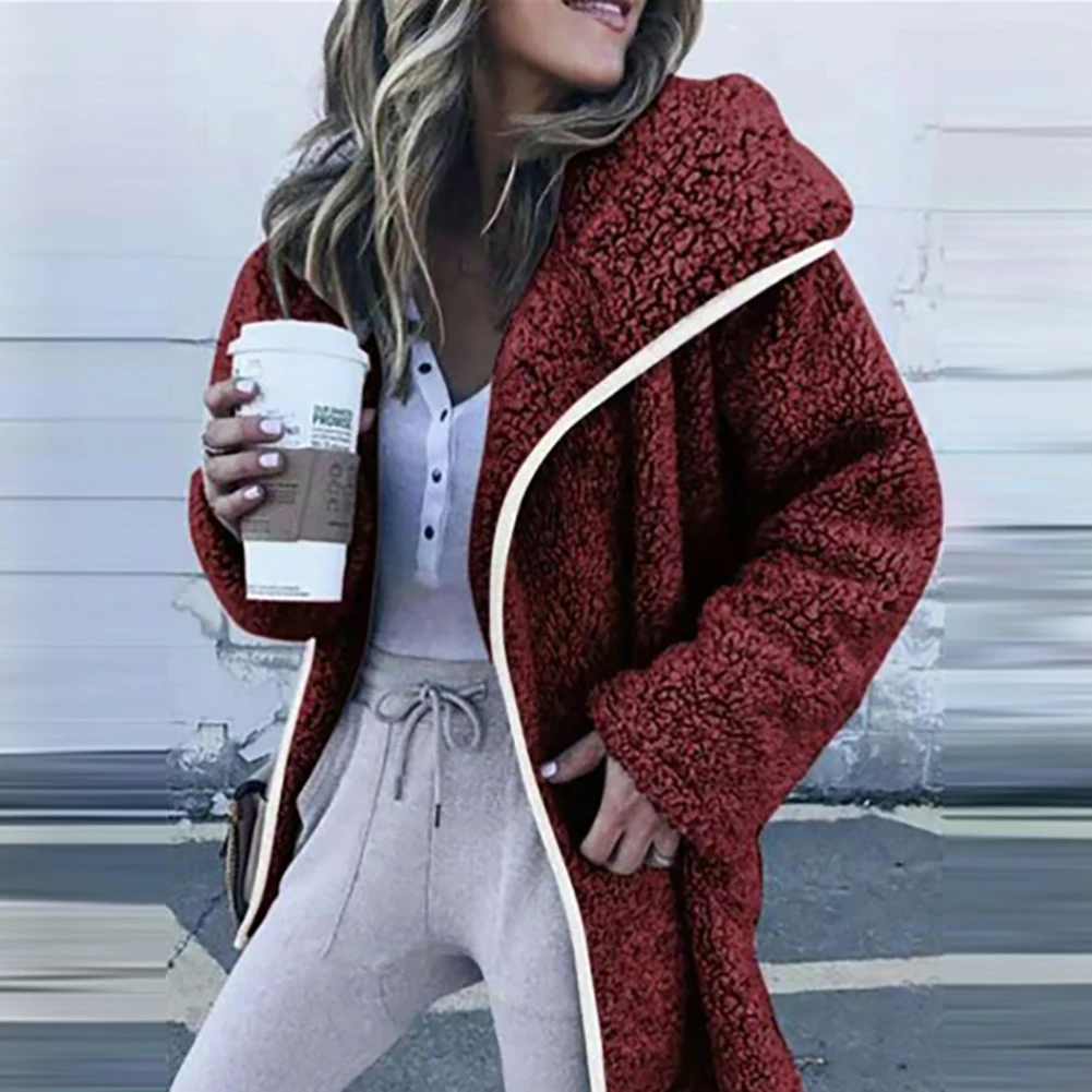 

Women Autumn Winter Solid Color Long Sleeve Faux Fleece Loose Warm Jacket Coat