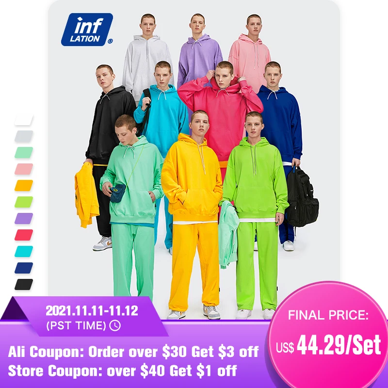 

INFLATION Oversized Hooded Tracksuit Men Streetwear Blank Hoodie Set Unisex Sweatpant Set Men Spring Leisure Jogging Suit