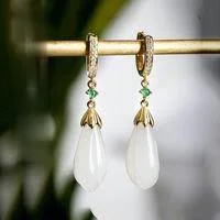 

Natural Hetian Magnolia Flower Earrings Chinese Style Retro Elegant Light Luxury Exquisite Charm Women's Brand Silver Jewelry