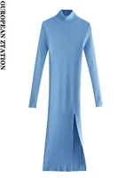 women 2021 fashion stretchy slim side slit midi knit dress vintage high neck long sleeve female dresses vestidos
