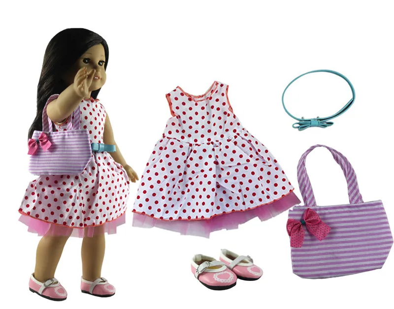

4in1 Set Doll Clothes Dress with red polka dots+blet+shoes+bag Fashion Casual Wear Outfit for 18" inch American Doll