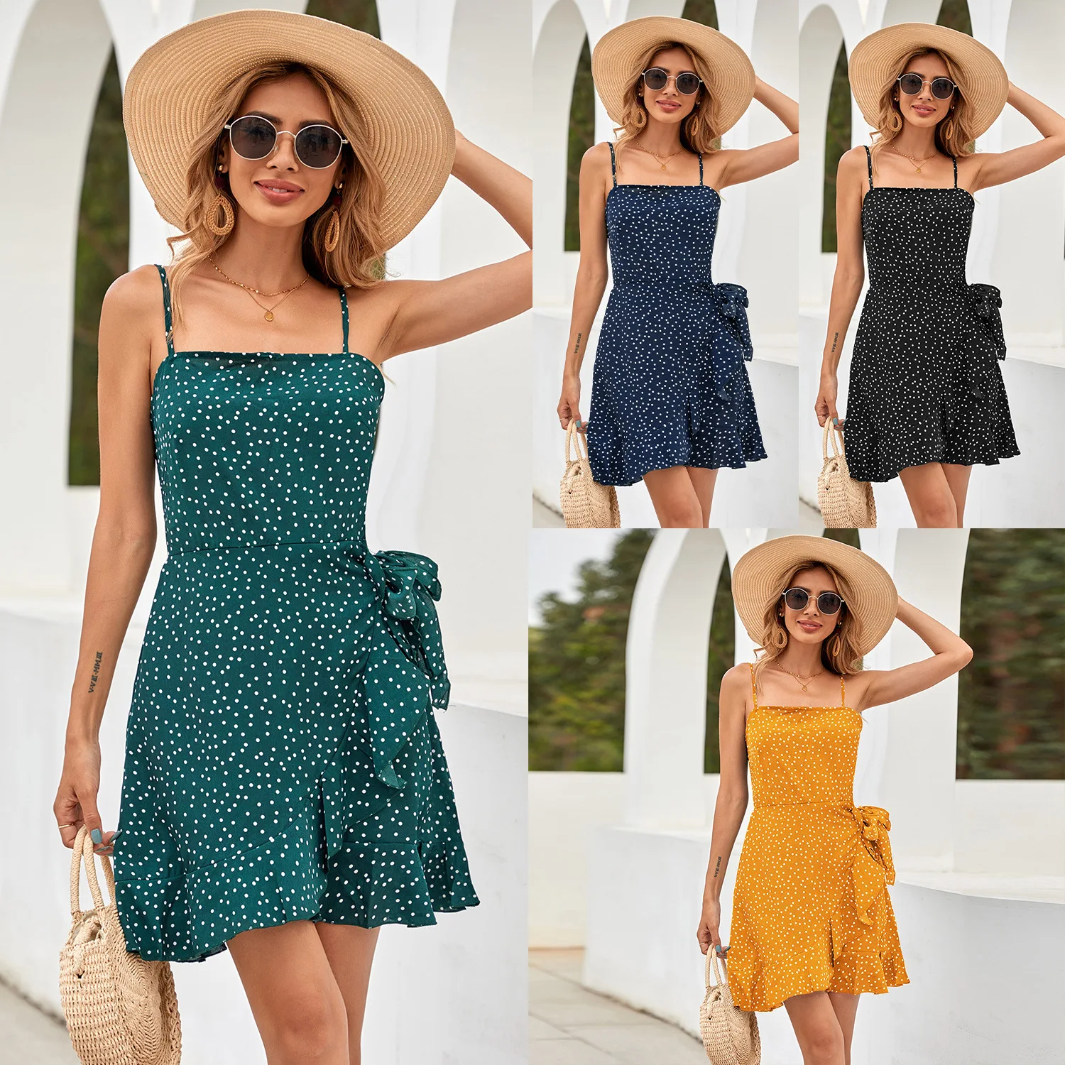 

2021 Summer New Style Beauty Women's Suspender One-Neck Chiffon Shirt Polka Dot Dress Spaghetti Strap Dress Green Yellow YY134