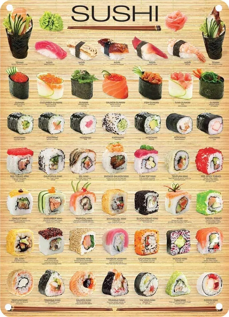 

Vintage Tin Poster The Sushi Japan Metal Tin Sign 8x12 Inch Retro Home Kitchen Office Garden Garage Wall Decor Tin Plaque New