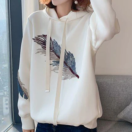 Embroidered sweater women autumn and winter 2020 new trendy fashion thick hooded black top  hoodie women  winter clothes