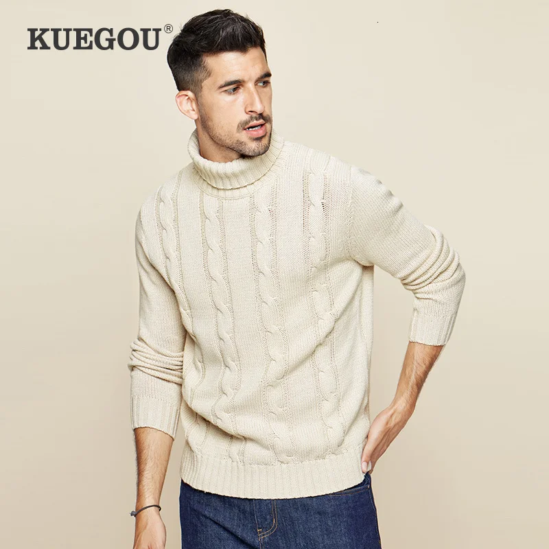 

KUEGOU 2021 Autumn Cotton Khaki Turtleneck Sweater Men Pullover Casual Jumper For Male Brand Knitted Korean Style Clothes 19006