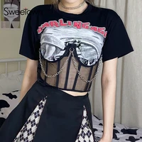 sweetown gothic techwear patchwork print corsets t shirts woman dark academic chains punk girl tees short sleeve black tops
