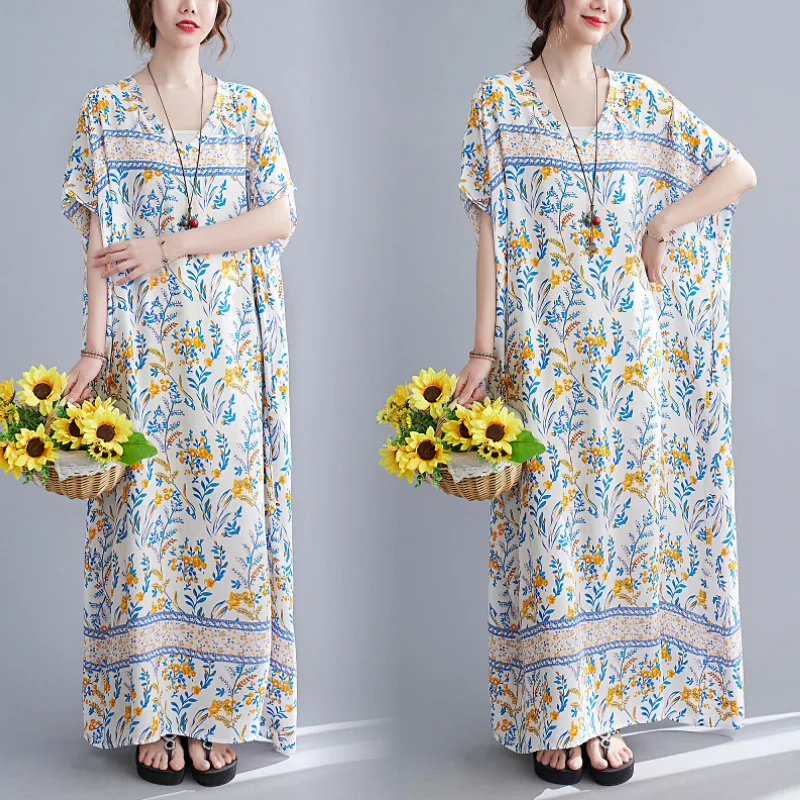 

Summer Dresses Women Print V-neck Beach Long Maxi Batwing Sleeve Robe Dresses Women Plus Size Dresses Bohemian Casual Dresses