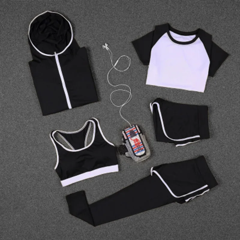 5 Piece Set Yoga For Women's Running Fitness T-Shirt Sports Bra Wear Clothing Women Training yoga Sport Suit | Спорт и