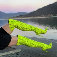 2022 snake pattern over knee high heels women boots peep toe neon green stiletto heels boots female runway banquet women shoes