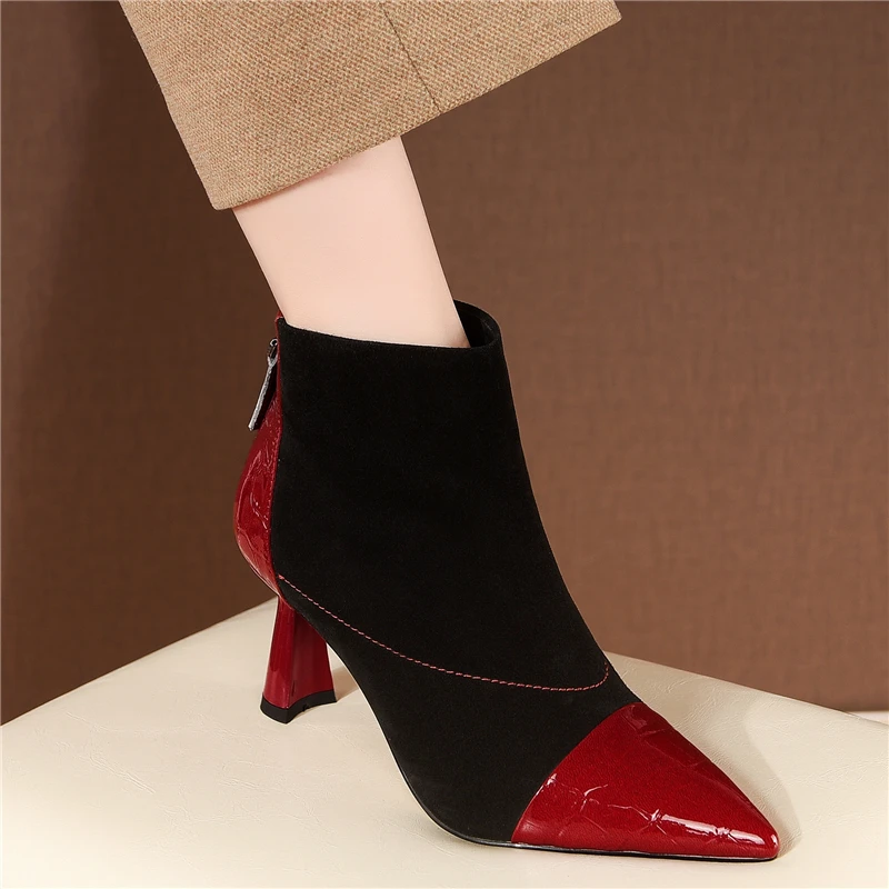 

VERCONAS 2021 New Elegant Women Ankle Boots Autumn Pointed Toe Shoes Woman Concise Office Lady Kid Suede High Heels Zipper Boots