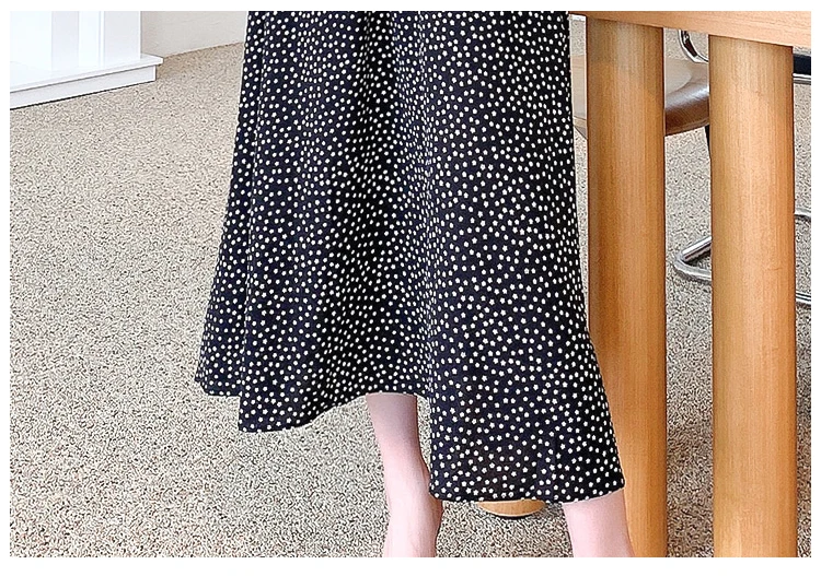 

Chiffon Print Dress for Women Summer Korean Style Square Neck Elegant Casual Puff Sleeve Dot A-line Fashion Dresses Vestidos