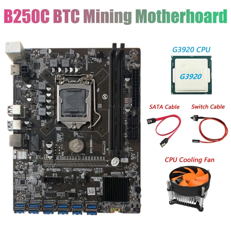 

BTC B250C Mining Motherboard with G3920 CPU+Switch Cable+Fan+SATA Cable 12XPCIE to USB3.0 GPU Slot LGA1151 Support DDR4