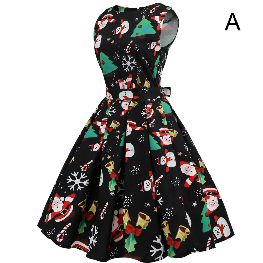 

Женское рождественское платье с принтом, винтажное платье без рукавов с круглым вырезом, женское винтажное платье-халат, элегантное вечерн...