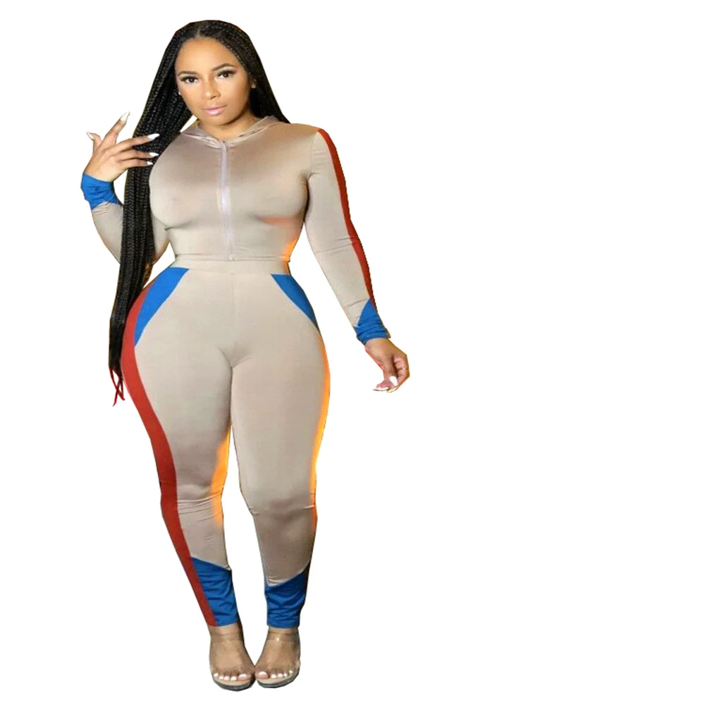 

Xm1170 hot sale in Europe America autumn and winter women's fashion stitching tight a suit hooded zipper sports two-piece set