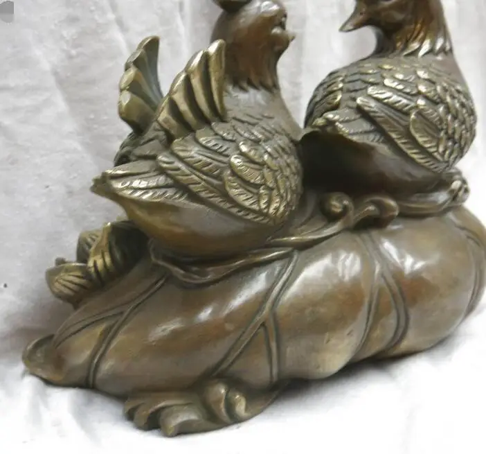 

10" China brass carved copper fine love Lotus mandarin duck sculpture Statue