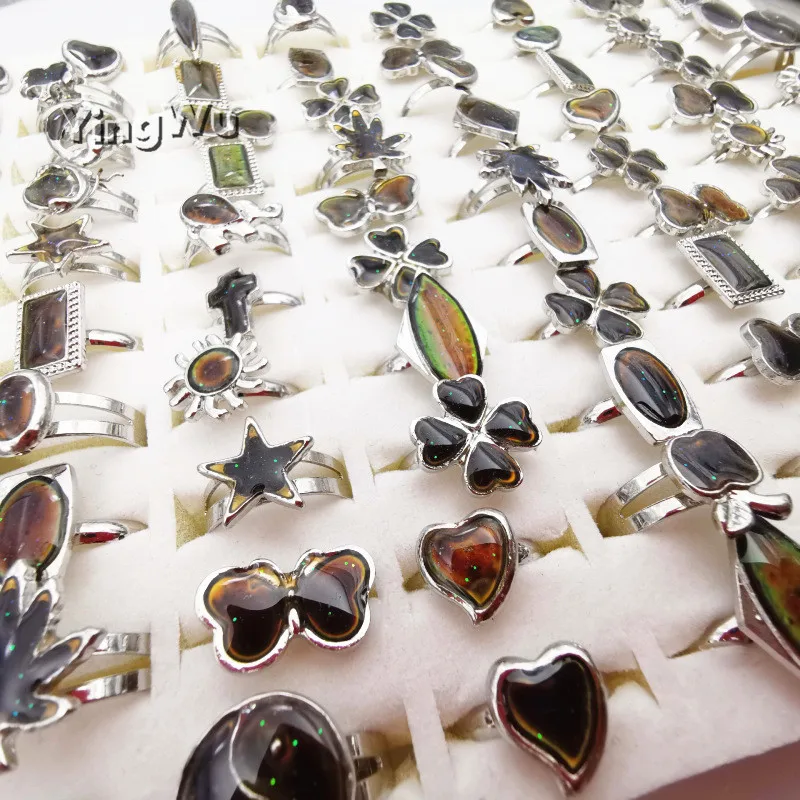

Yingwu Silver Retro Adjustable mood Rings for Women temperature control color heart oval round star Fashion Jewelry 50pcs Lot