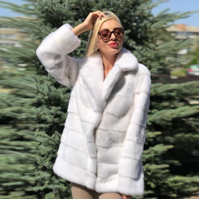 

BFFUR Winter Woman Real Mink Fur Jackets 2021 Trendy Natural White Fashion Mink Fur Coat Genuine Luxury Turndown Collar Overcoat