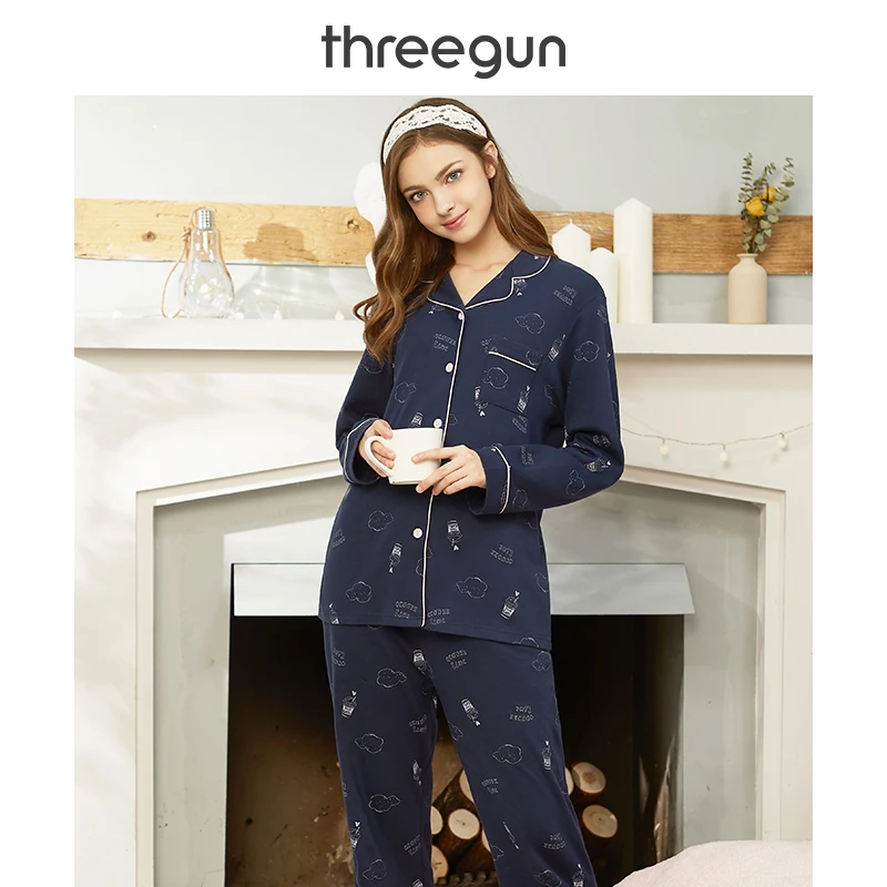 THREEGUN Women's Pajamas Set Cotton Turn Down Collar Autumn Winter Print Long Sleeves Trousers Loose Homewear Sleepwear Suit | Женская