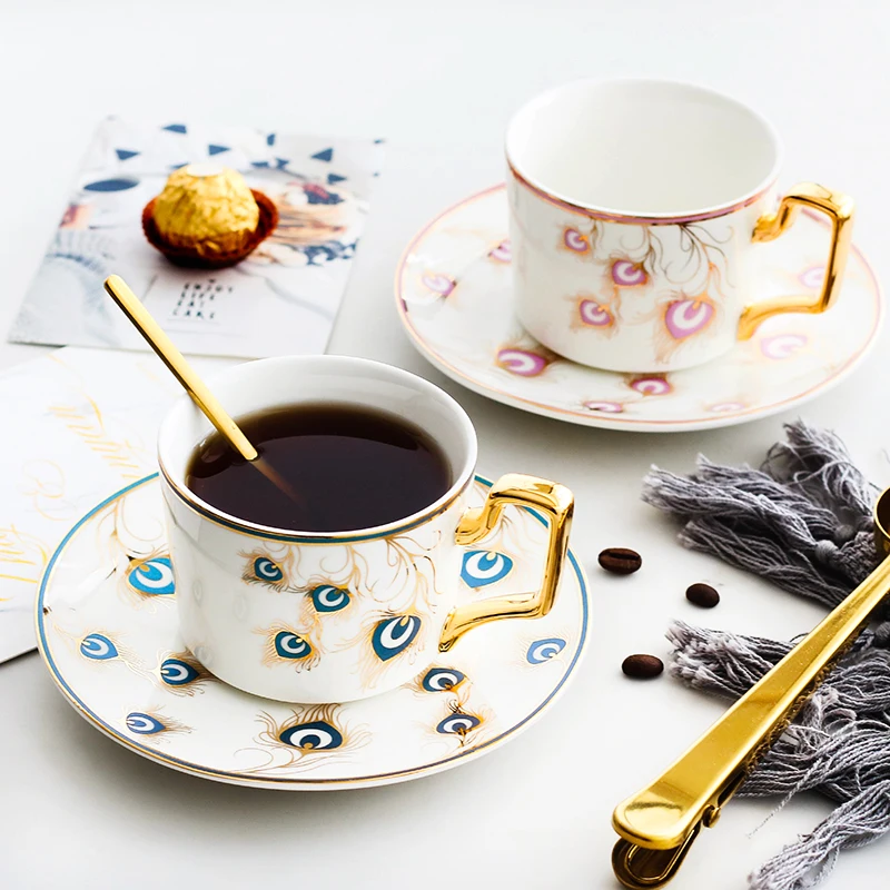 

Nordic Golden Peacock Fashion Coffee Cup and Saucers Luxury Ceramic porcelain tea cup Set Home Party Afternoon Tea Cup Drinkware