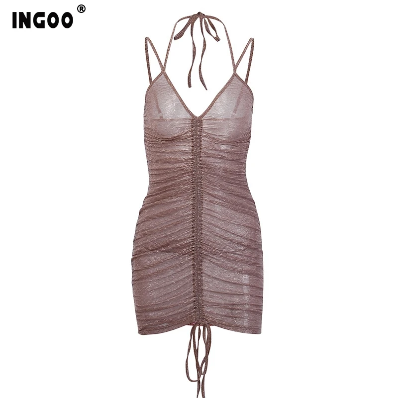 Сексуальное Сетчатое облегающее женское Короткое платье INGOO с лямкой на шее