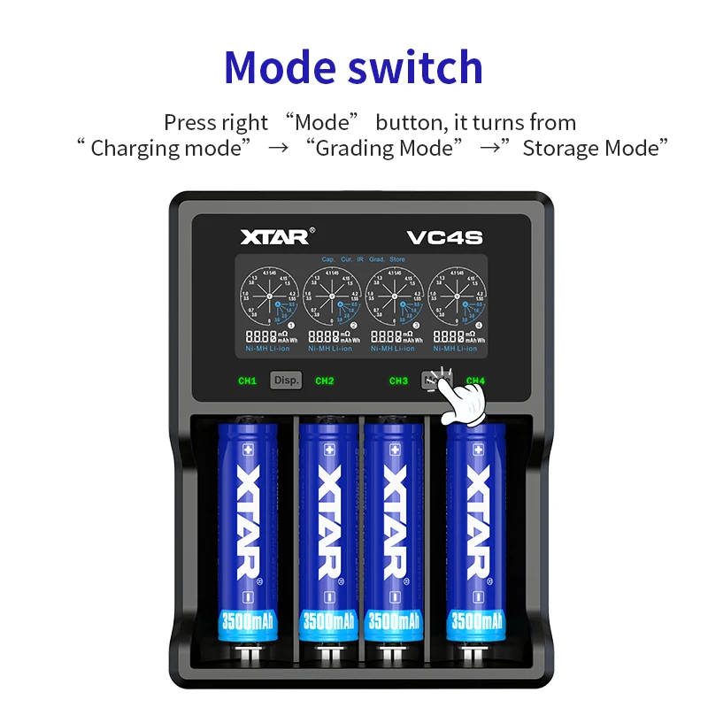 XTAR VC4S зарядное устройство с ЖК-дисплеем Быстрая зарядка 18 Вт QC3.0 настенный адаптер 1,2 в Ni-MH NI-CD AA AAA 3,6 В 3,7 в литий-ионный аккумулятор зарядное устройство 18650