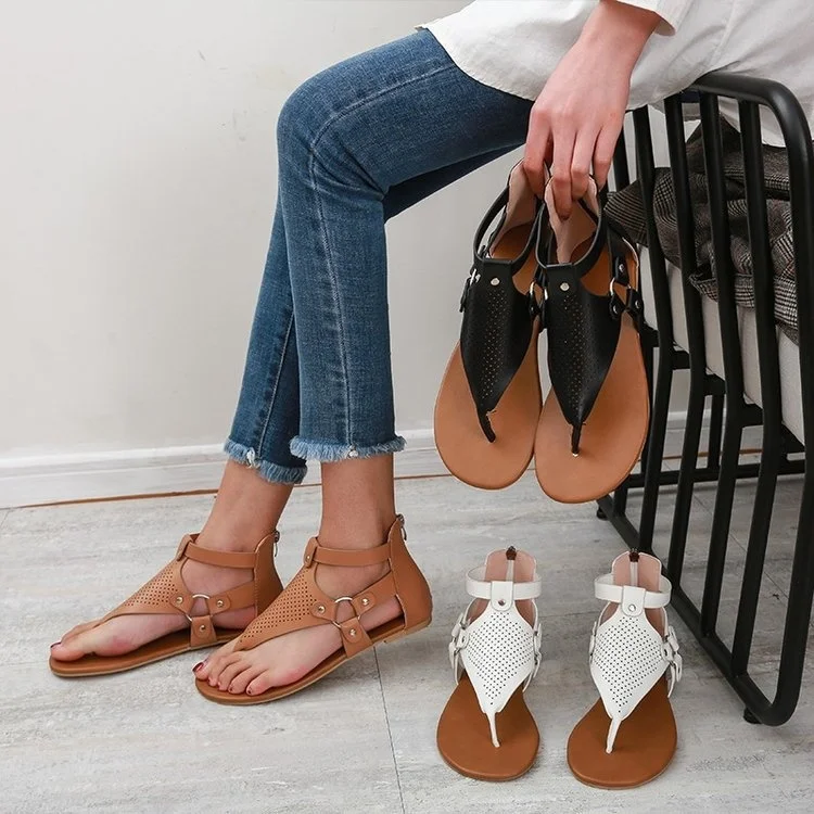 

2020 New Roman clip toe back zipper women's sandals hollow flat bottom casual large women's shoes