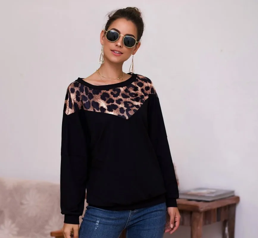 Women Long Sleeve T-Shirt Fashion Loose Thermal Leopard Patchwork Autumn Shirt Vintage Style Different Size For Choice | Женская одежда