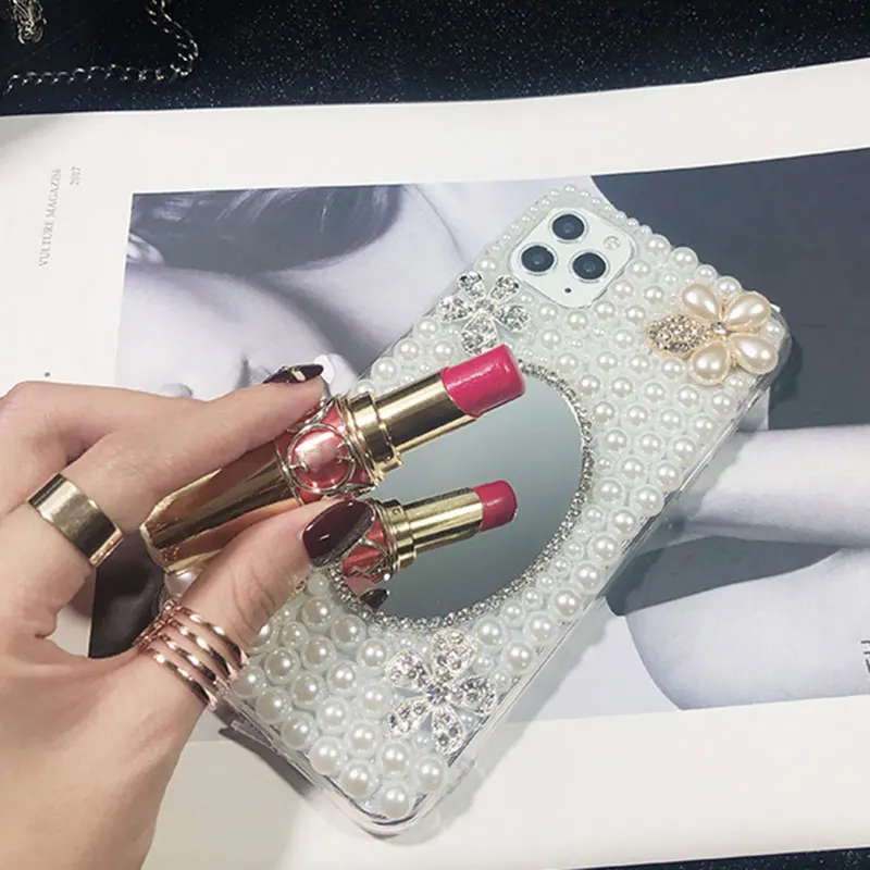 

Зеркало Стразы для макияжа, мягкий чехол для телефона Redmi Note 9 Pro 10 9s 9t 8t 8 7 6 5 9a 8a 6a, блестящие лепестки, жемчуг, бриллиантовый чехол
