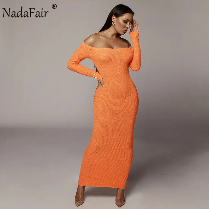 Женское трикотажное платье Nadafair черное или оранжевое однотонное облегающее миди